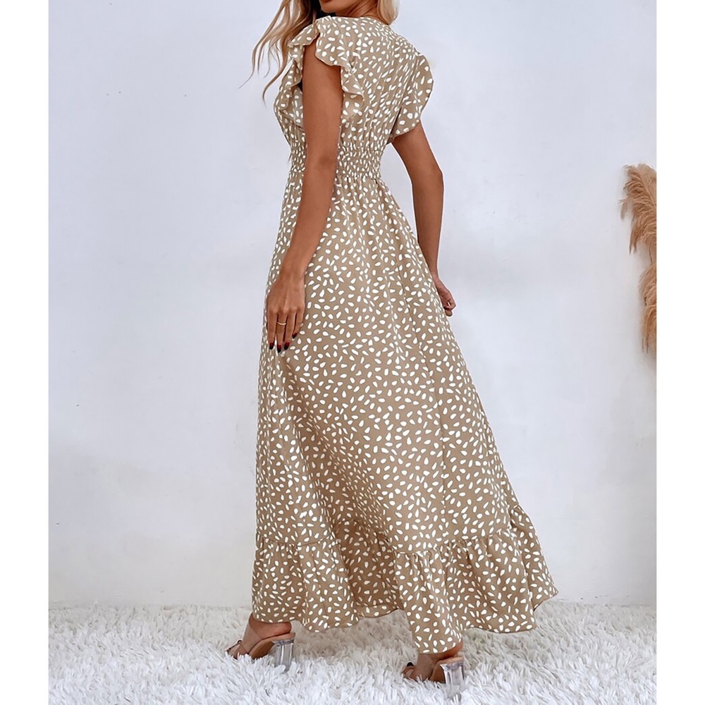 Neutral Tan White Spot Print Ruffle Shirred Maxi Dress - Picture 2 of 6